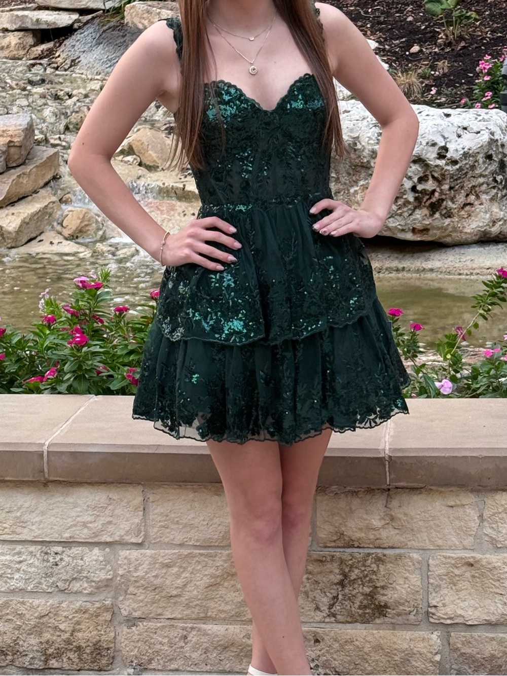 Emerald Green Lace Sequin Tiered Prom Dress
